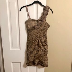 BCBGMaxAzria One-Shoulder Rosette Cocktail Dress in Taupe